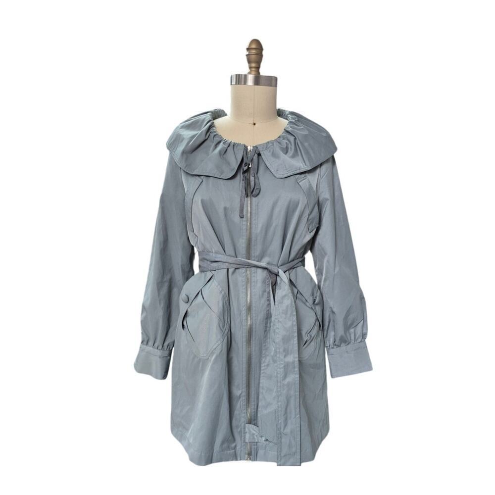 Vertigo Paris Fancy Pale Blue Green Trench Coat Fully Lined Sz S/M Silky